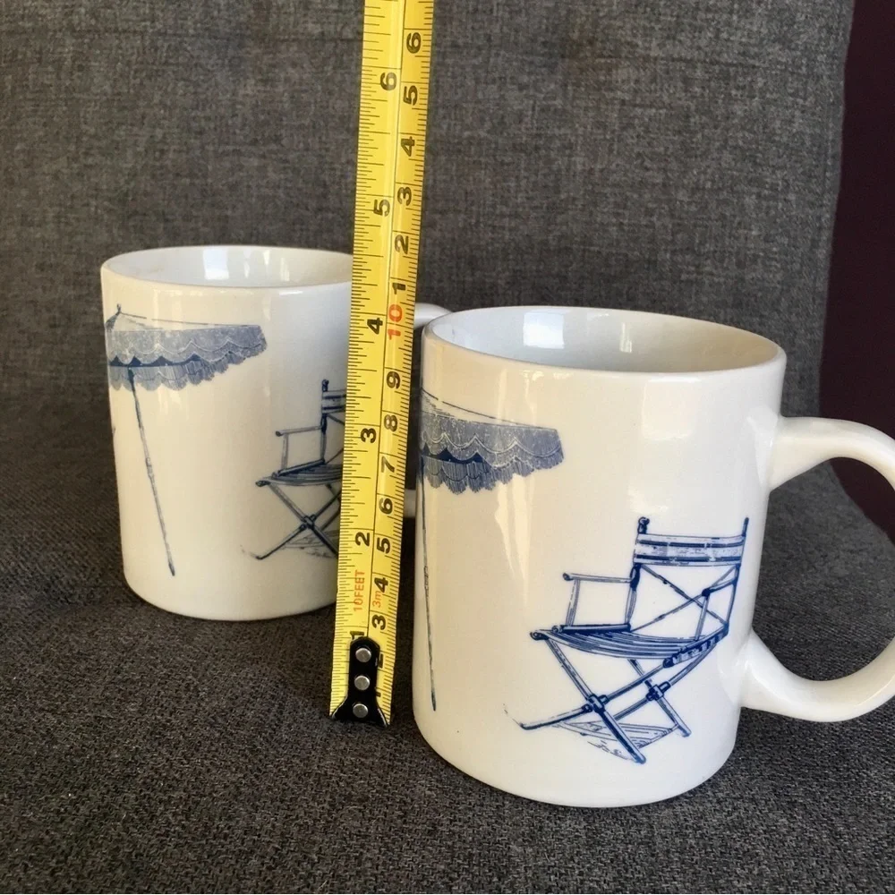 Set/2 Coastal Beach Chair Scene Coffee Mugs, White, Blue, 11 oz